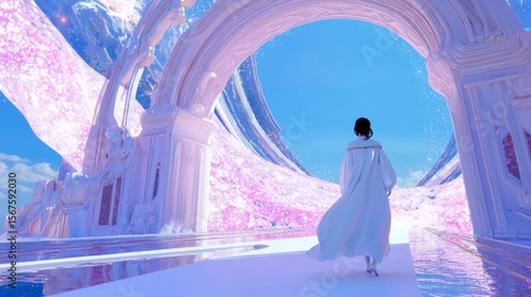 Fototapeta Futuristic Fantasy Landscape with Arched Pathway and Blooming Flowers, Dreamy Journey Through a Surreal Pink and Blue World Under a Starry Sky