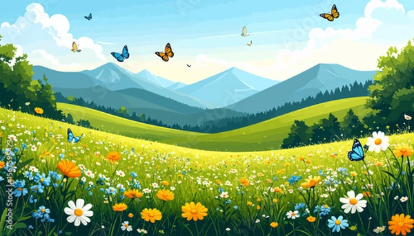 Obraz Vibrant meadow with wildflowers and butterflies against a backdrop of distant mountains