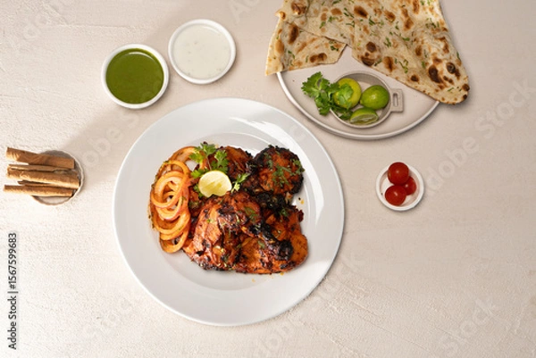 Fototapeta Grilled/ charcoal/ fried chicken with mayo dip and salad served in dish isolated on table top
