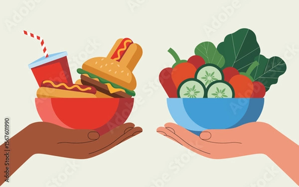 Fototapeta The Dilemma of Dietary Choices: Two hands present a stark contrast of healthy vs. unhealthy foods. One hand holds a vibrant salad while the other clutches a burger and fries.
