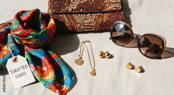 Fototapeta Flatlay featuring secondhand accessories including a silk scarf, beaded clutch, retro sunglasses, and minimalist jewelry arranged on linen fabric with a kraft “Thrifted Finds” tag. 