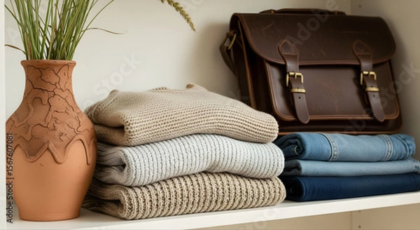 Fototapeta Open wooden shelf featuring neatly folded thrifted knitwear, stacked denim, and a vintage leather bag. Decorated with a terracotta vase and dried grass. Cozy and intentional closet visual.