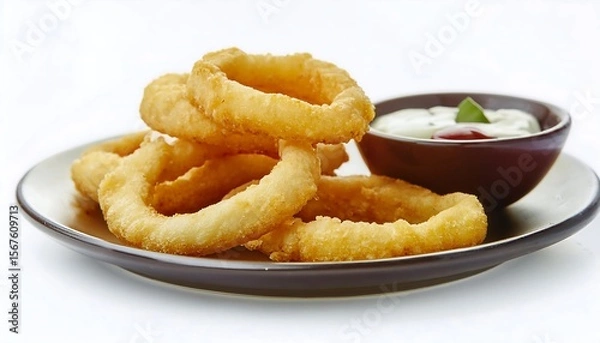 Fototapeta Golden-Brown Crispy Onion Rings with Ketchup Garnish on Rustic Wooden Plate