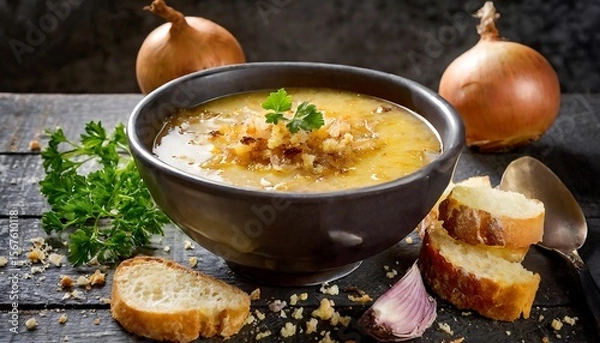 Fototapeta French onion soup served in a bowl garnished with croutons and herbs on rustic wooden table