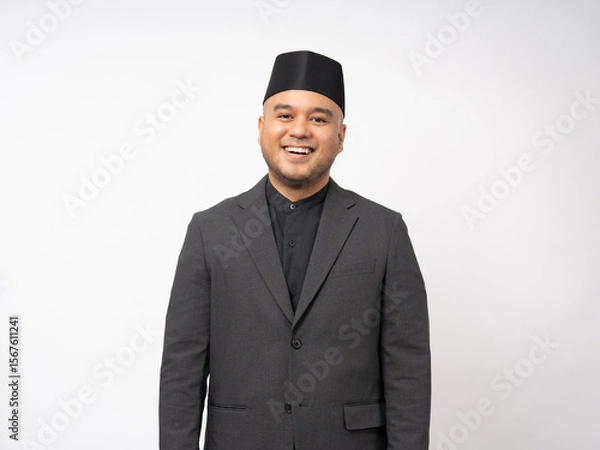 Obraz Portrait happy young asian muslim man in suit on isolated white background. Islamic Attractive Muslim man wearing songkok cap islam costume.