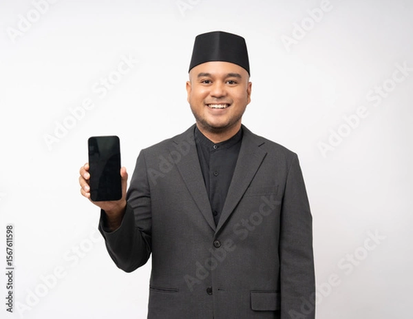 Obraz Muslim asian man standing using smartphone on isolated white background. Happy Portrait of cheerful smiling islamic asian man holding cell phone. People and lifestyle