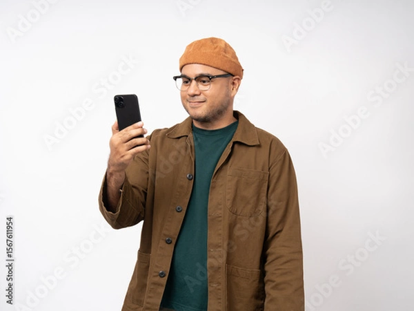 Obraz Young asian man using smartphone standing on isolated white background. He texting on cell phone. Dressing with jacket and jean.