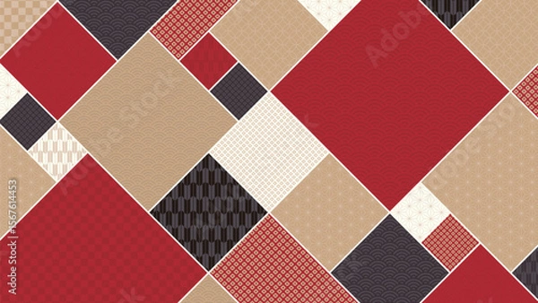 Obraz 16:9の背景素材：日本の伝統的な柄で構成された赤と黒と金色のジオメトリックパターン