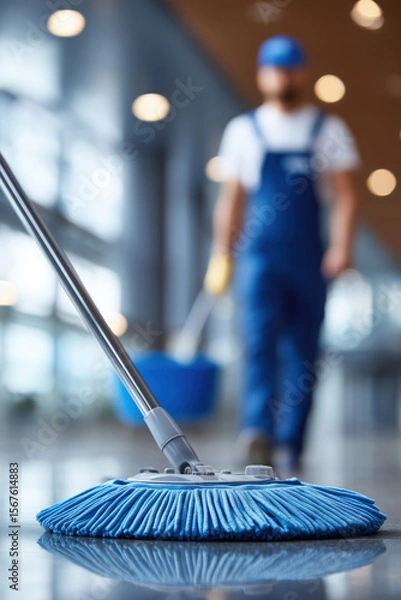 Fototapeta Professional cleaning service maintaining focused atmosphere in modern workspace