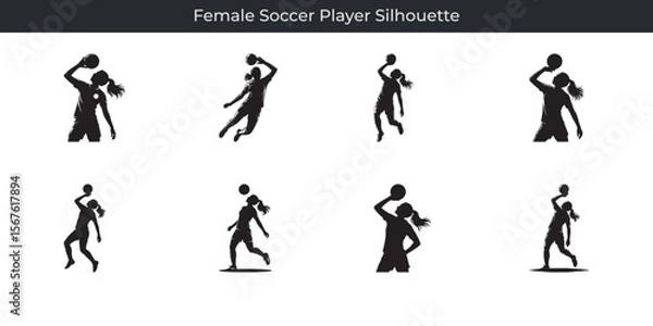 Fototapeta Collection of dynamic silhouette poses featuring a female soccer player ready to compete