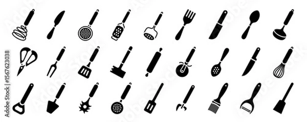 Fototapeta Kitchenware icon set. Black vector kitchen utensils, tools and cutlery. Whisk, slotted spoon, scissors, ladle and spatula. Sieve, knife, spoon, fork, peeler and opener pictogram