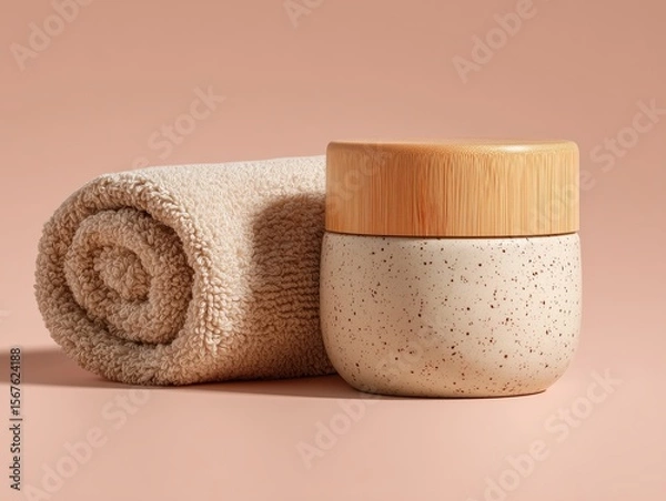 Fototapeta A jar of cream sits on top of a towel