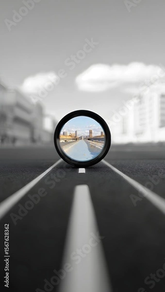 Fototapeta Cityscape reflection in lens on road with skyline and clouds black and white photo