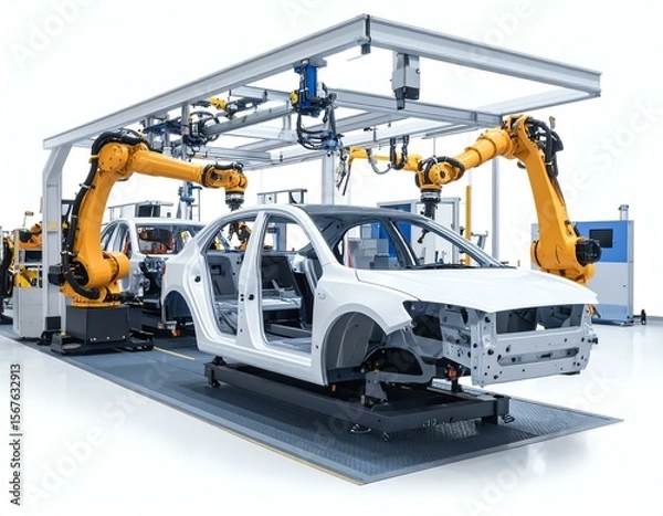 Fototapeta Automated assembly line with robotic arms.