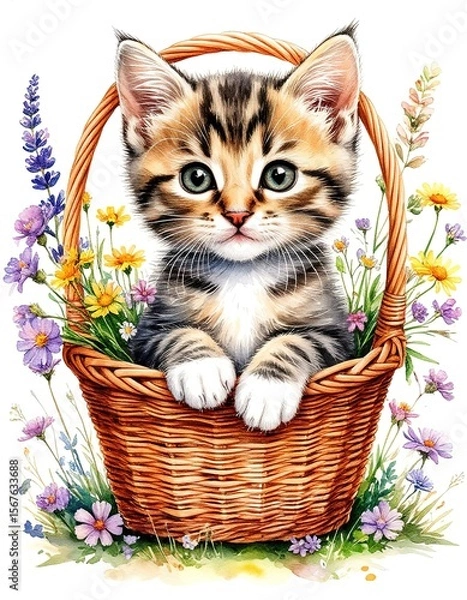 Fototapeta cute kitten in a basket with flowers. watercolor illustration card.