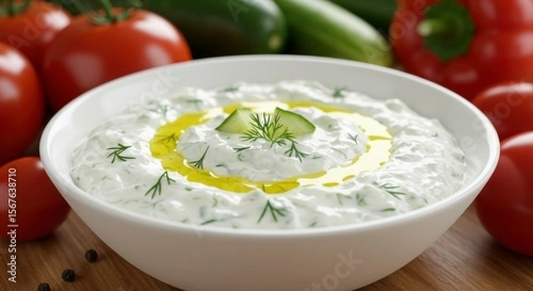 Fototapeta Creamy yogurt dip, garnished with fresh dill and cucumber, with olive oil drizzle