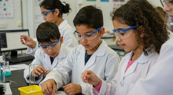 Fototapeta Children wearing safety glasses and coats performing a science experiment in a laboratory, studying