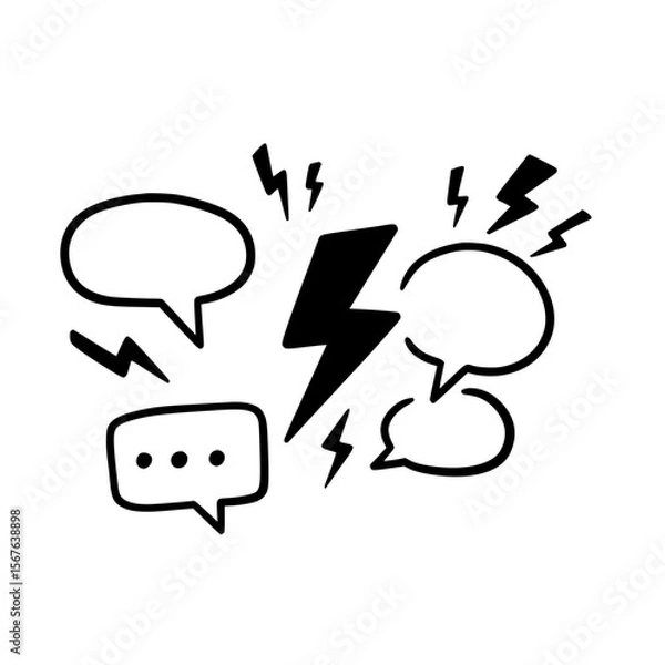 Fototapeta Speech bubbles and lightning bolts in a simple linear vector icon  