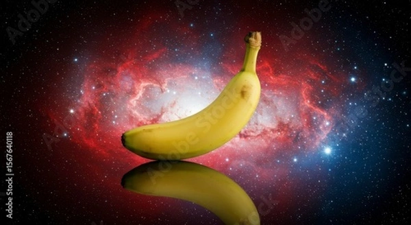 Fototapeta A ripe yellow banana is shown against a vibrant cosmic backdrop, its reflection mirrored on a glossy surface