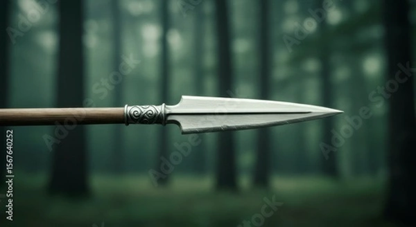 Fototapeta Close-up of a spear with a metallic tip. The focus is on the weapon, with a forest blurred in the background