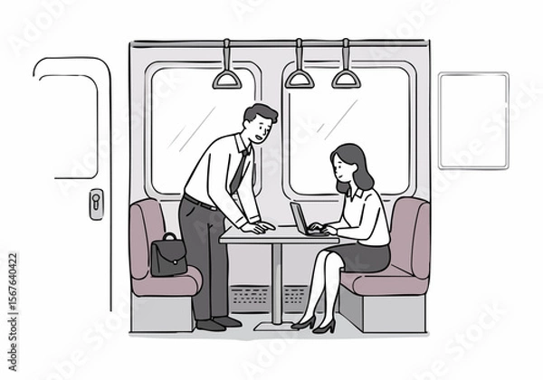 Fototapeta Hand-drawn illustration of business people working and talking on a train, using a laptop during their commute or business trip.