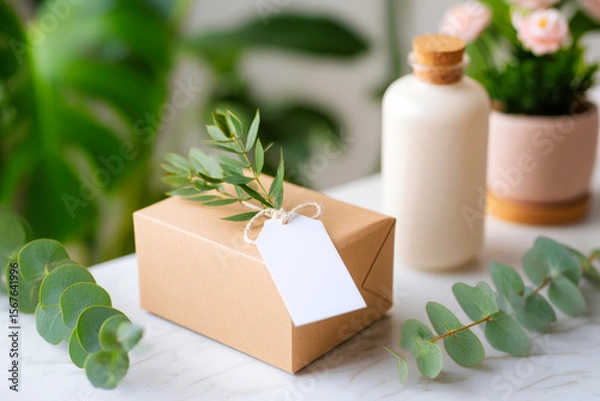 Fototapeta Small gift box with blank label and dried eucalyptus on white background minimalist