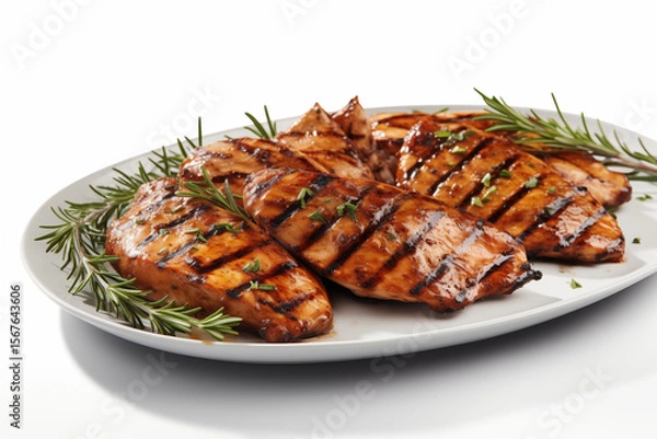 Fototapeta  Grilled chicken skewers with herbs on round white plate