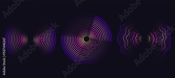 Fototapeta Spiral gradient circular sound wave rhythm on dark background. Musical dynamic symbol with lines.