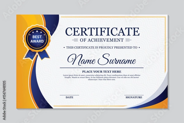 Fototapeta Blue and yellow modern achievement certificate template