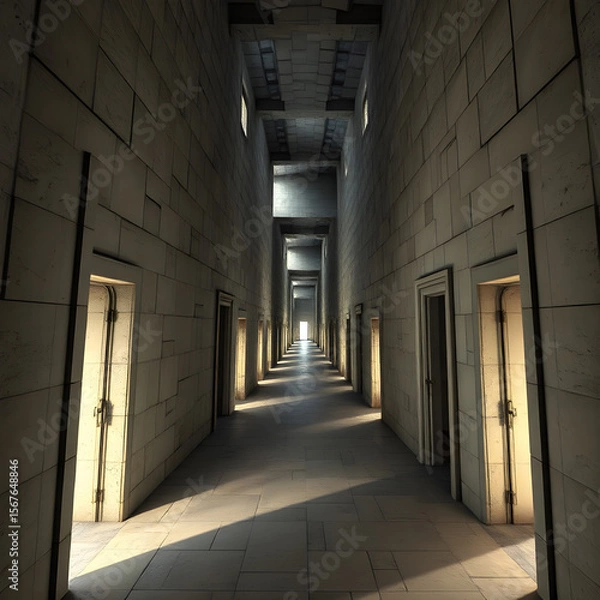 Fototapeta a long, symmetrical hallway crafted from stone, lined with open doorways and bathed in warm,