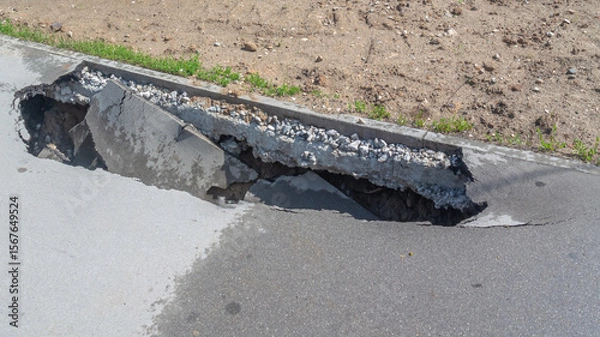 Fototapeta A sinkhole in the asphalt. Poor-quality asphalt pavement. Destruction of the road surface as a result of soil erosion. Danger of asphalt sinkhole. Cracks in water pipes lead to soil erosion.