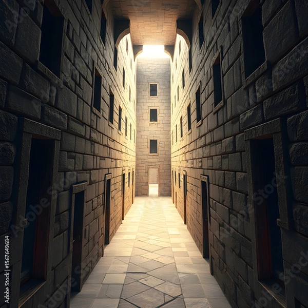 Fototapeta a long, symmetrical hallway crafted from stone, lined with open doorways and bathed in warm,