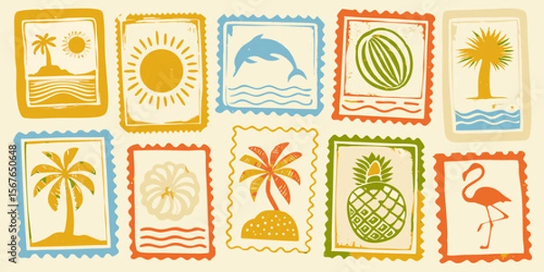 Fototapeta Collection of Tropical Vacation Themed Stamp Illustrations with Palm Trees and Beach Elements