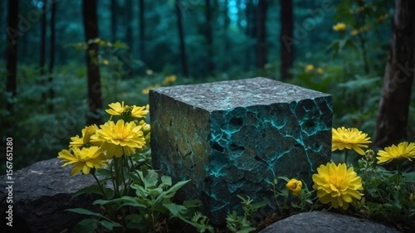 Fototapeta Mystical glowing stone cube in enchanted forest with yellow flowers