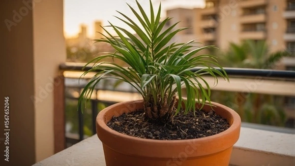 Fototapeta Tranquil balcony oasis: potted palm in warm evening light surrounded by urban landscape