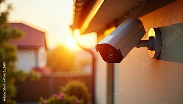 Fototapeta Security camera mounted on building wall during golden sunset, overlooking residential garden with trees and fence. Home surveillance and outdoor safety.