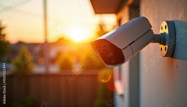 Fototapeta Security camera mounted on building wall during golden sunset, overlooking residential garden with trees and fence. Home surveillance and outdoor safety.