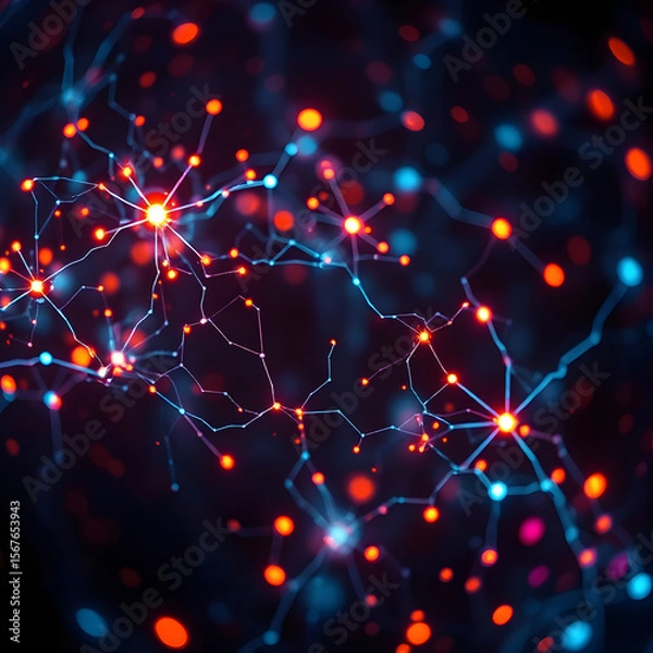 Fototapeta a dynamic abstract representation of interconnected glowing neural networks, featuring vibrant red and blue nodes against a dark