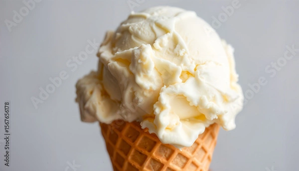 Fototapeta シンプルな背景に置かれたワッフルコーンとバニラアイスクリームのスクープ