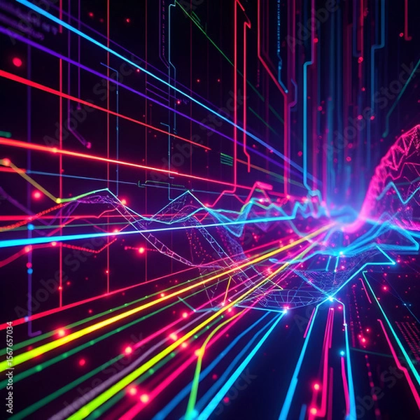 Fototapeta a mesmerizing digital landscape of glowing red and blue data lines and intricate connections,