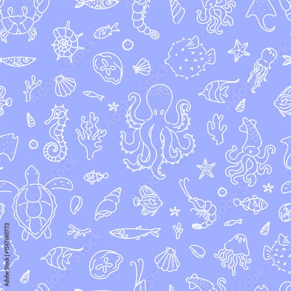 Fototapeta Seamless pattern with hand drawn marine animals including octopus, turtle, seahorse, jellyfish, squid, and fish on lilac background.