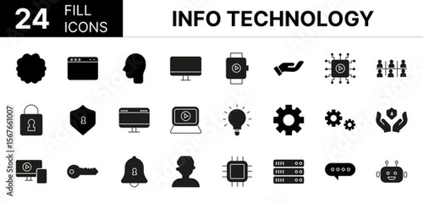 Fototapeta Collection of 24 information technology fill icons featuring editable strokes. These outline icons depict various modes of information technology, icon, artificial intelligence, ai, network, set, comp