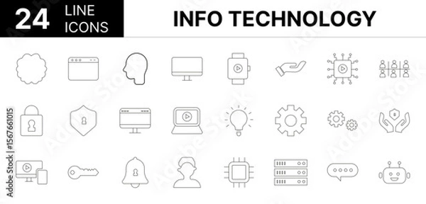 Fototapeta Collection of 24 information technology line icons featuring editable strokes. These outline icons depict various modes of information technology, icon, artificial intelligence, ai, network, set, comp