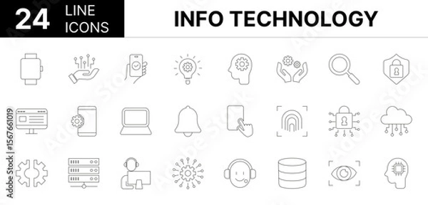 Fototapeta Collection of 24 information technology line icons featuring editable strokes. These outline icons depict various modes of information technology, icon, artificial intelligence, ai, network, set, comp