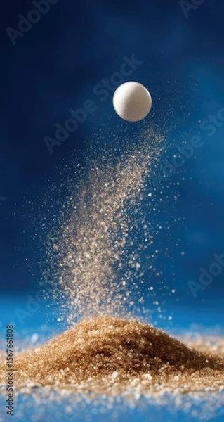 Obraz White sphere launching into the air, creating a shower of tan granules against a deep blue backdrop