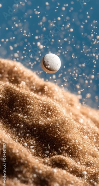 Obraz A light beige pill floats above a mound of tan granules, with small, light particles swirling around it