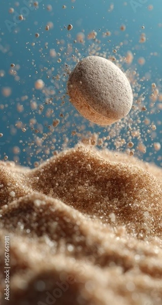 Obraz Light beige sphere suspended in mid-air, erupting from a brown granular substance