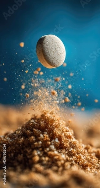 Obraz A pale pill levitates above a mound of granules, dust clouds erupting