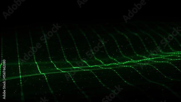 Fototapeta Dynamic green wave of particles and lines. Abstract futuristic background. Big data visualization. 3D rendering.