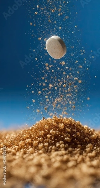 Obraz A white pill levitates above a pile of brown granules, showering them with small particles against a bright blue backdrop